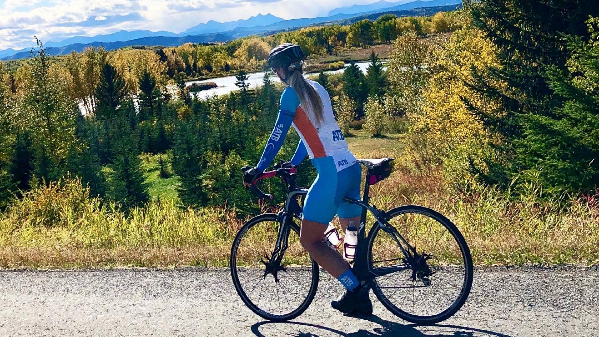 Crystal Phillips biking near Calgary